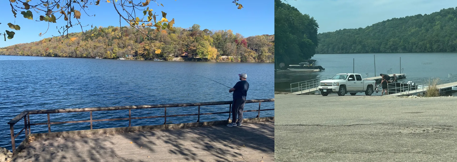 View of Lake Zumbro Park fishing pier and boat launch