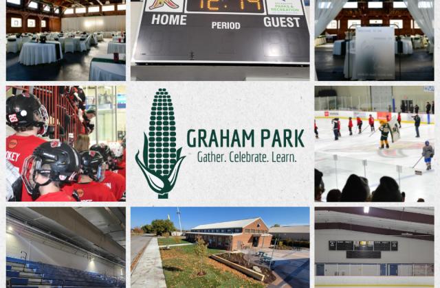 A collage of photos from Graham Park. Hockey players, score boards, bleachers, outdoor event space, wedding reception venue.