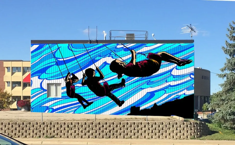 Planned mural with three children swinging