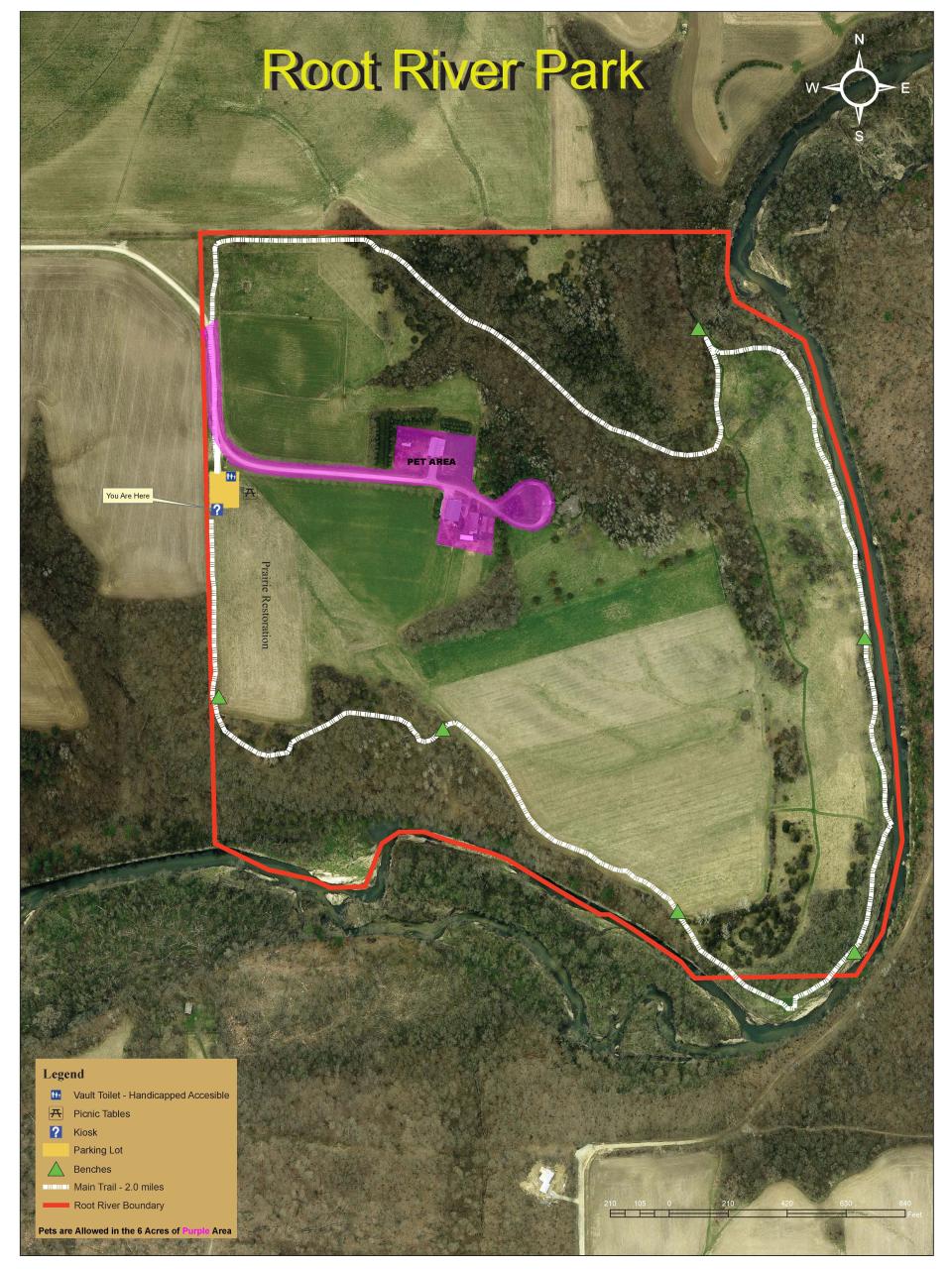 Outline of where pets are allowed on leash at Root River Park