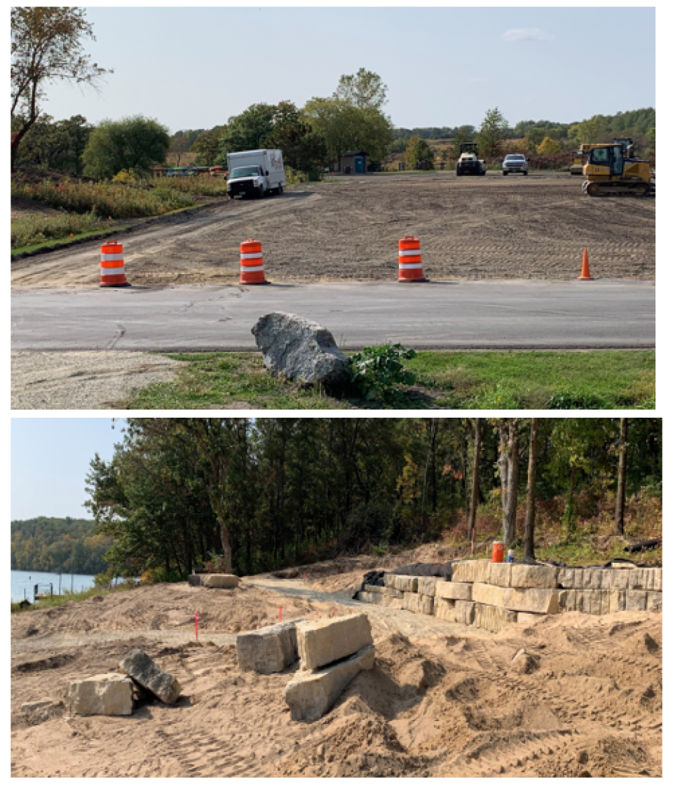 Boat launch parking lot and beach shoreline under construction for watercraft rentals