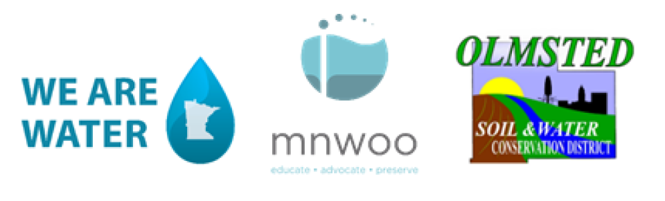 Three logos, We Are Water, MN WOOO, Olmsted SWCD