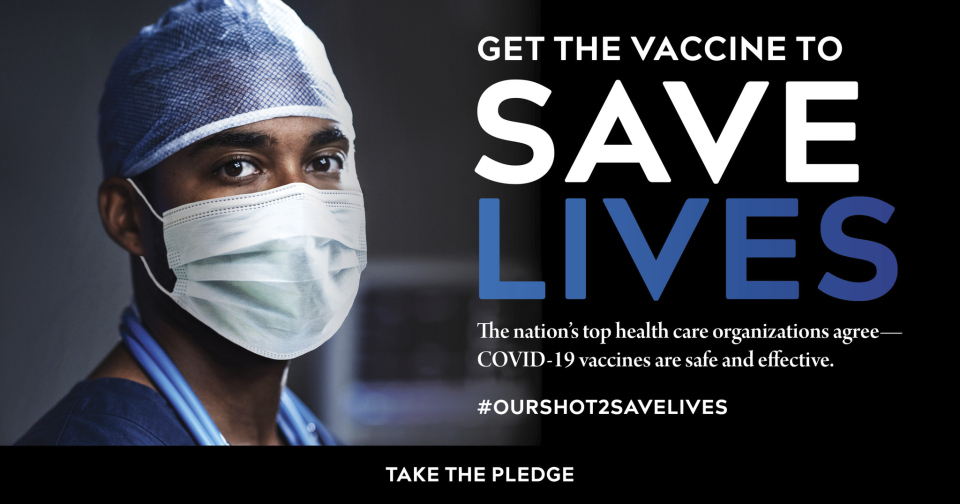 Nationwide campaign with Mayo Clinic encouraging the public to get the COVID vaccine to save lives. Poster includes a doctor wearing a mask.