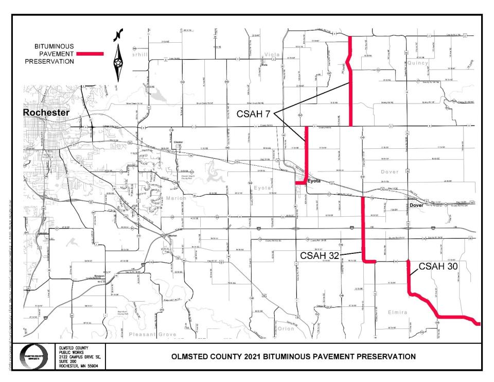 Map of the 2021 Bituminous Reclamation Construction on County Roads
