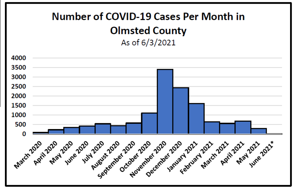 A graph representing the number of COVID-19 vases per month in Olmsted County
