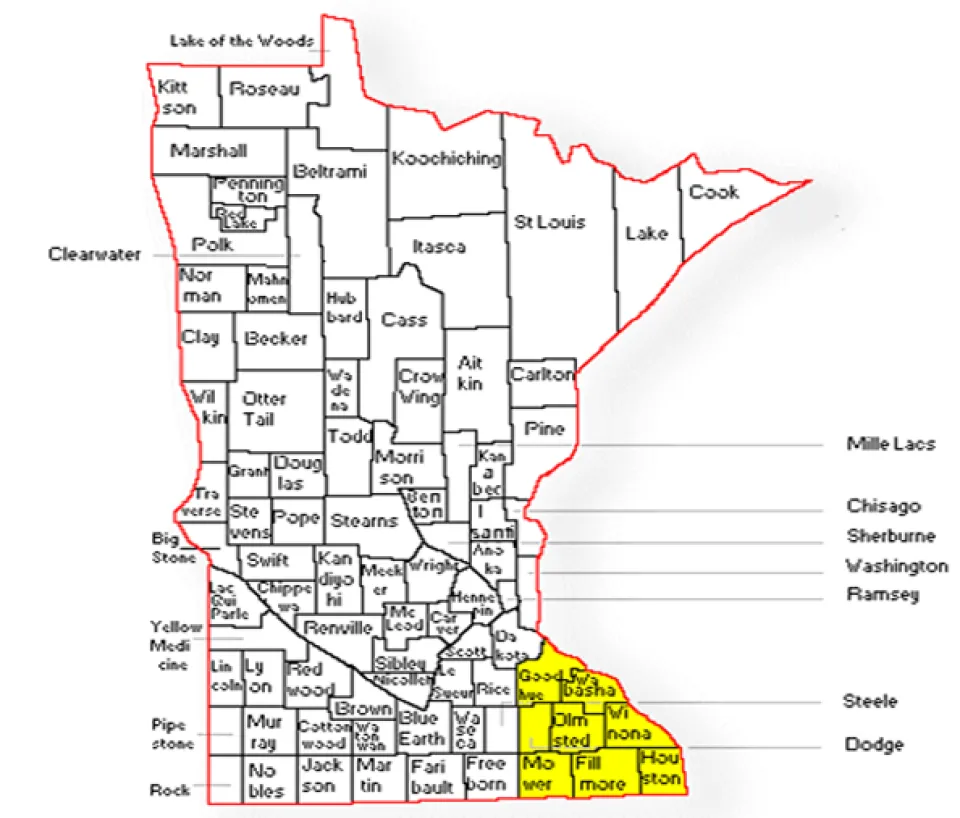 Map showing SE MN Violent Crime Enforcement Team (SEMVCET) counties