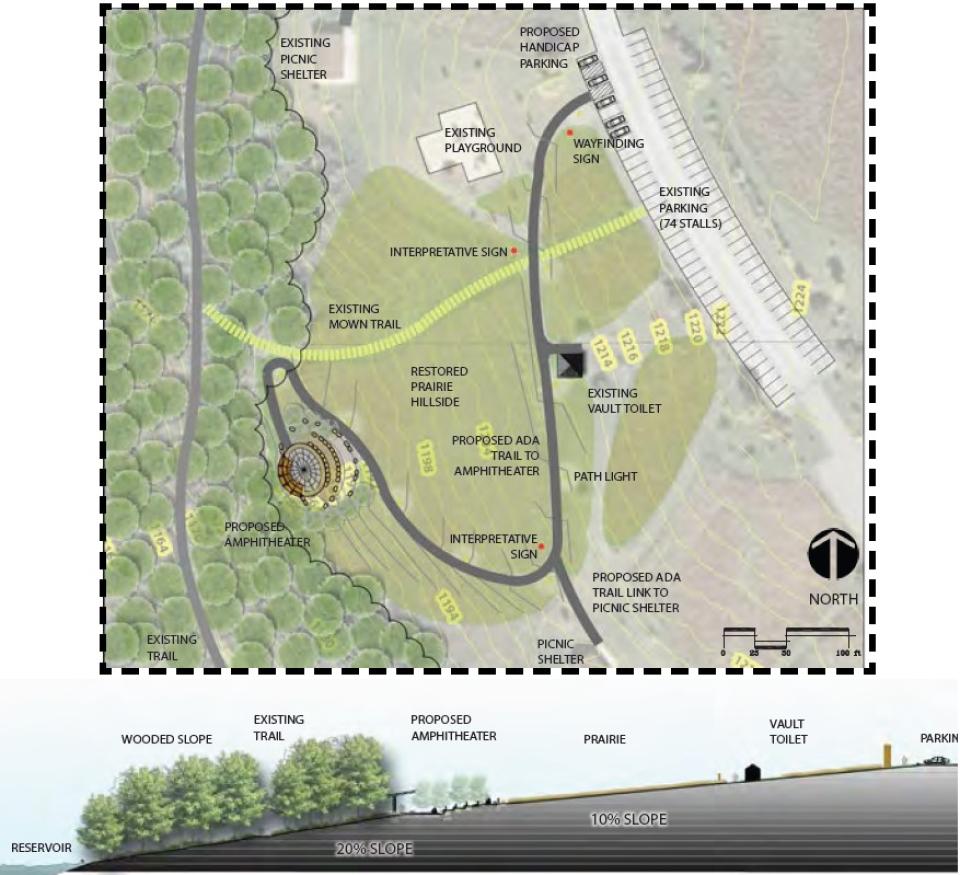 Site layout of the proposed amphitheater depicting site location and amenities