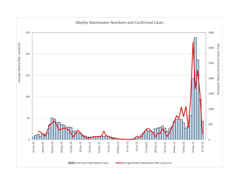 A graph showing how the City of Rochester's wastewater sampling of COVID-19 aligns closely with the trend of positive COVID-19 cases in Rochester. Throughout the past two months, Olmsted County saw increases in COVID-19 cases in January. Throughout February cases start to see a steep decline. Similar trends are reflected in the wastewater sampling about a week ahead.