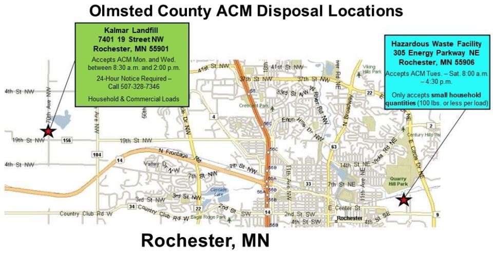 Map of Olmsted County disposal locations for asbestos containing material.