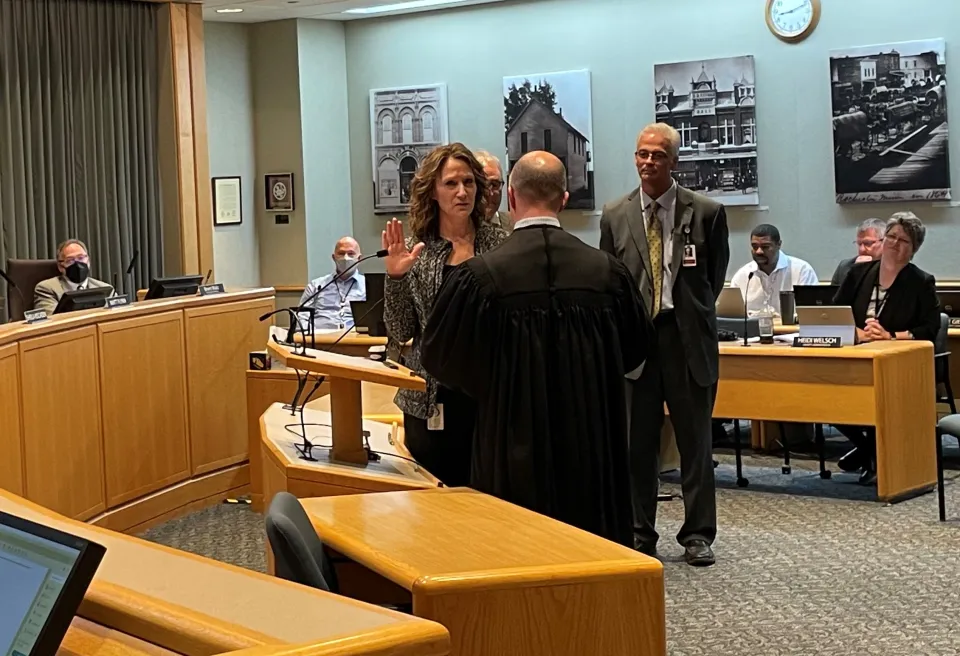 Julie Hackman being sworn in as the new Olmsted County Assessor