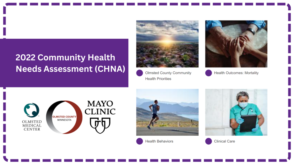 2022 Community Health Needs Assessment button with Olmsted Medical Center, Olmsted County and Mayo Clinic logos