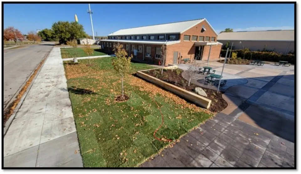 A new outdoor event plaza between Crawford Hall and Floral Hall