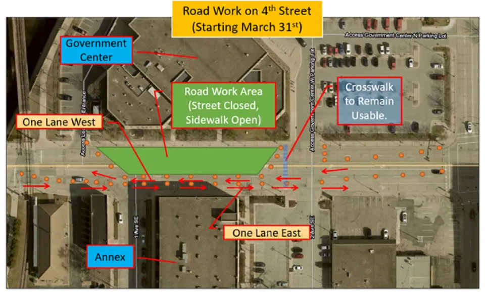 A picture containing an aerial image of the Government Center, 4th Street, and the Annex building. The image showcases what portion of 4th Street will be closed to traffic between the Government Center and Annex and what lanes will be open to traffic. Crosswalks and sidewalks in the area will be open during construction.
