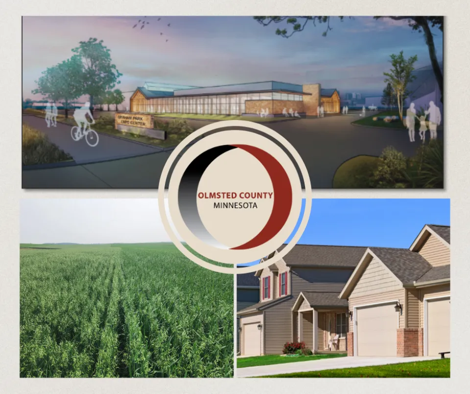 Rendering of GP Exhibition Center, a field, and two houses