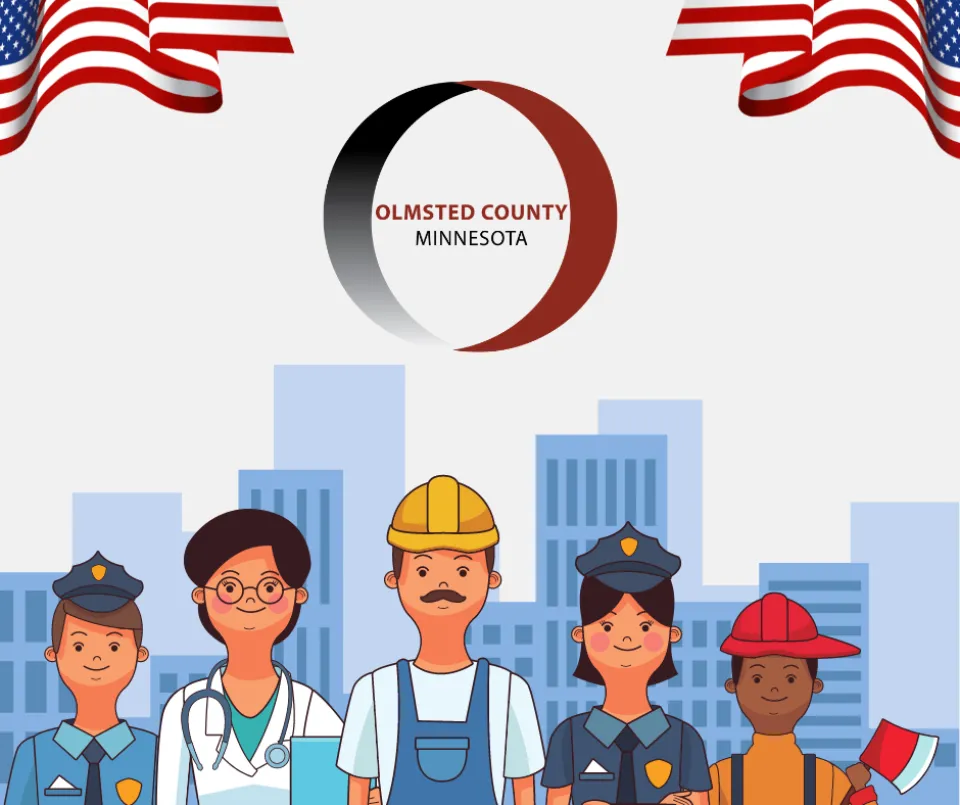 An image of workers, the American flag, and the Olmsted County logo.