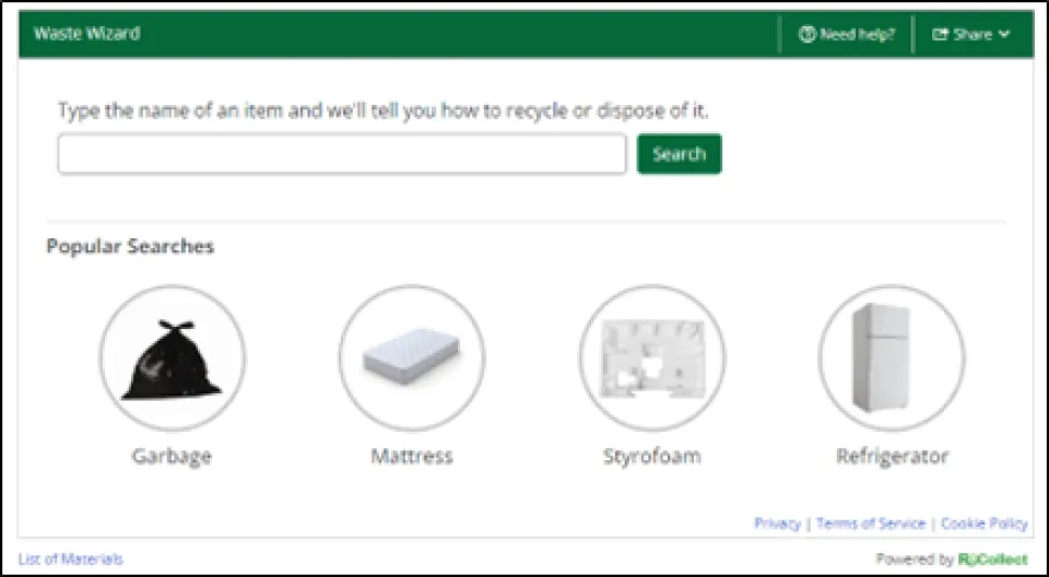 screen grab of Waste Wizard feature