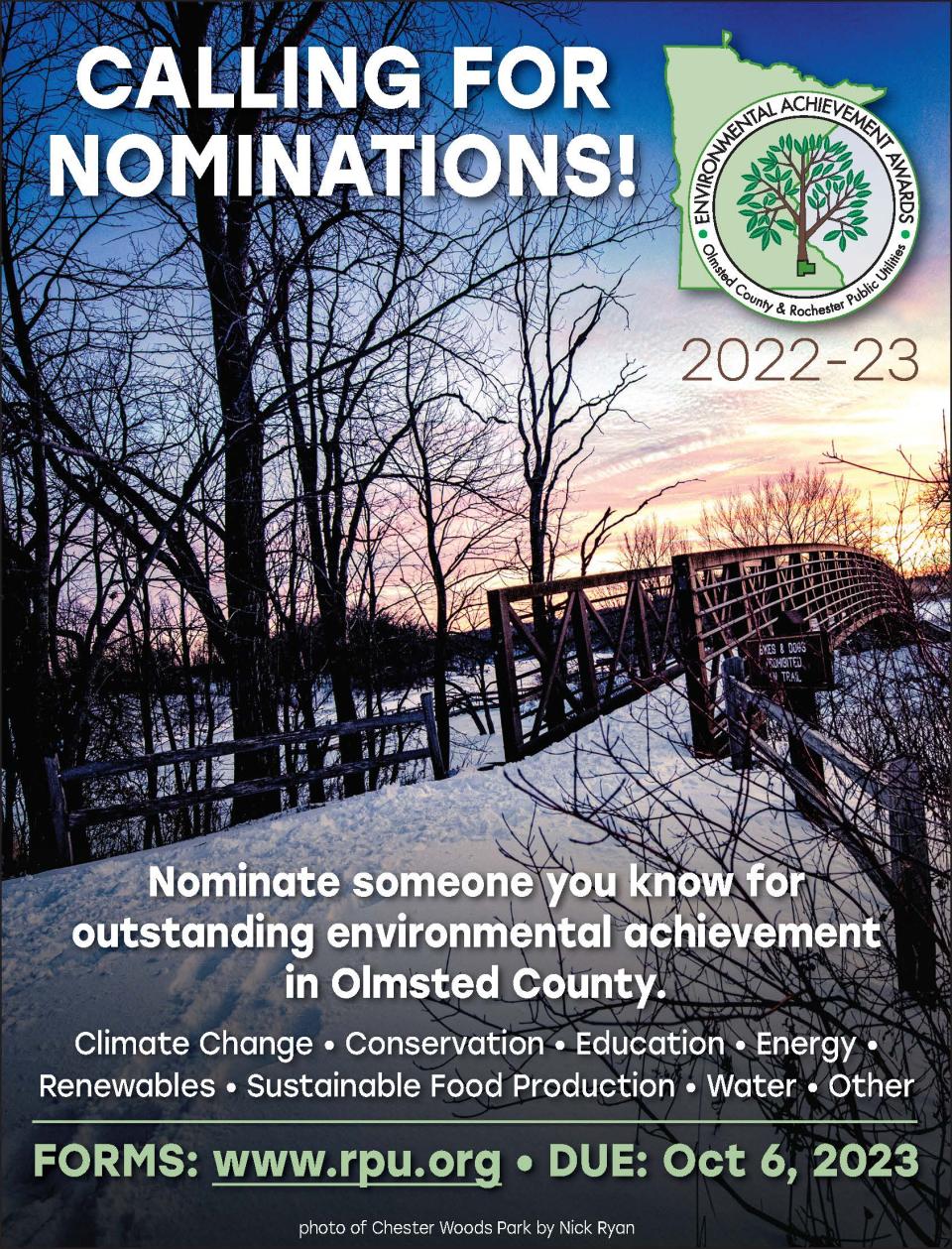Olmsted County and Rochester Public Utilities call for environmental achievement award nominations. 