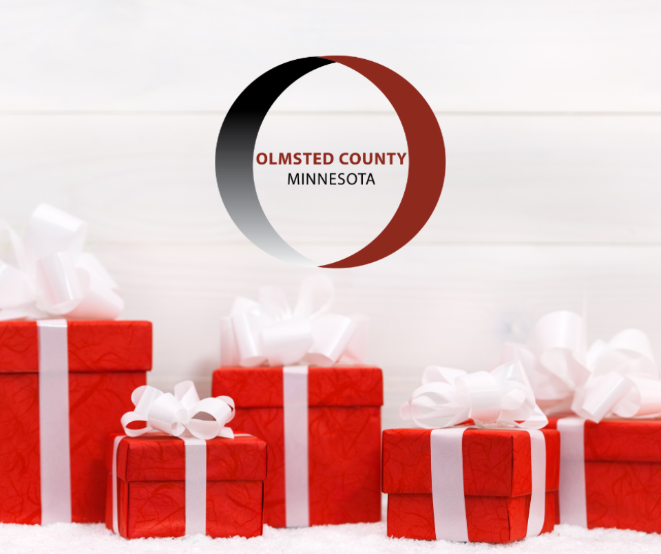 Olmsted County logo. Red boxes, wrapped with white ribbon.