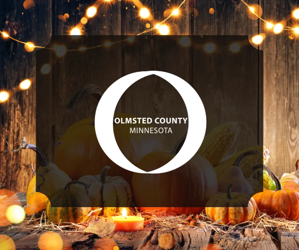 Olmsted County logo. A festive fall scene behind the logo with pumpkins and twinkle lights.