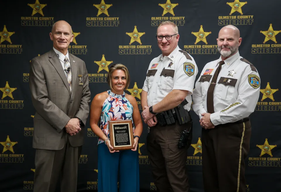 Sheriff Support Technician Michelle Jacobson was awarded the Medal of Commendation for her phenomenal work she contributed to the Axon Body Worn Camera project. She was nominated by Captain Mangan (right center).