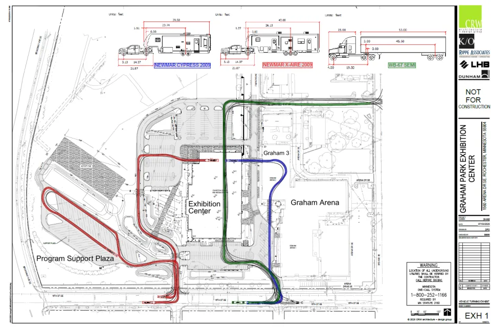 Map of Graham Park Exhibition Center blue line showing access through Graham 3, green line showing Exhibition Center access, and red line showing access to Program Support Plaza