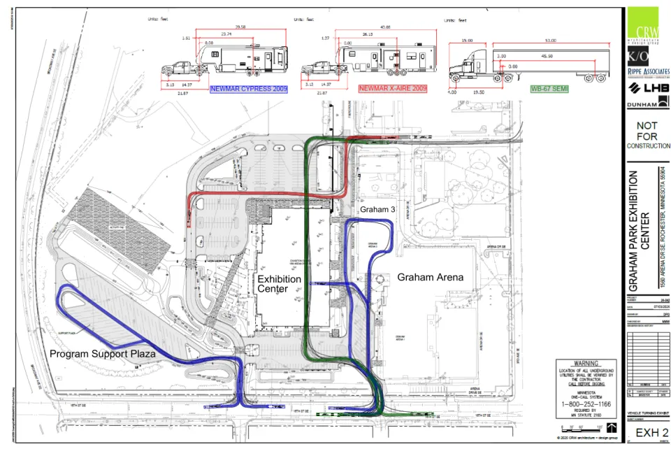 Map of Graham Park Exhibition Center blue line showing access to Program Support Plaza, red line showing north access to Exhibition Center, green line showing Exhibition Center access