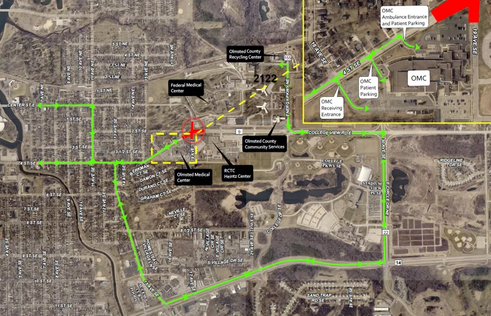 Detour map of the closure at 4th Street SE and 19th Avenue SE directing traffic to highway 14