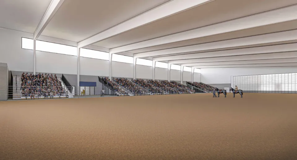 Illustration of an indoor equestrian arena with spectators in the stands watching two riders on horses.