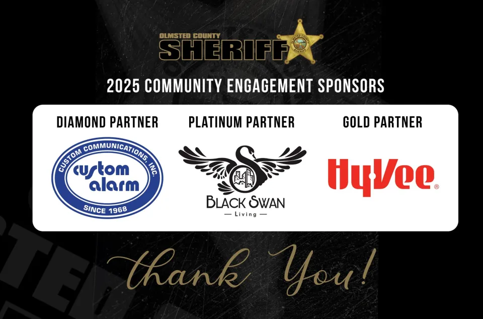Graphic showing community engagement partners logos. Custom Alarm, Black Swan Living and Hy-Vee. It also features the sheriff's office logo at the top, and Thank you at the bottom.