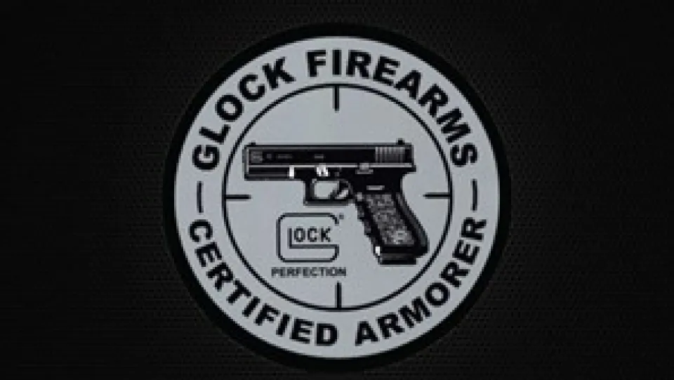 Graphic with text: Glock Firearms - Certified Armorer