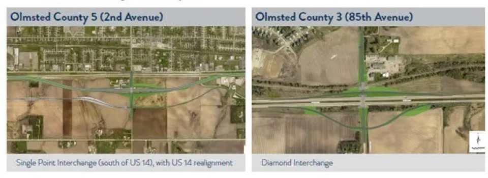 Two aerial maps of Olmsted County intersections. Left: Olmsted County 5 (2nd Avenue) with a single point interchange south of US 14, alongside US 14 realignment. Right: Olmsted County 3 (85th Avenue) featuring a diamond interchange.