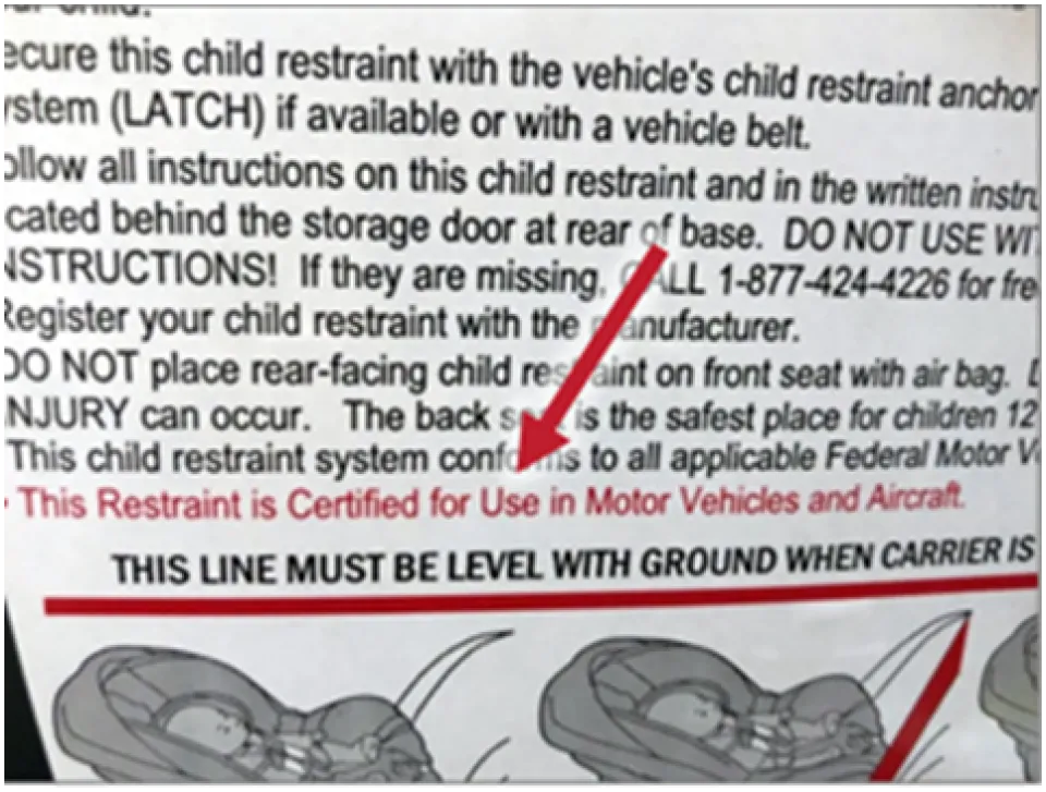 A car seat label stating that the product is certified for use in motor vehicles and aircraft.