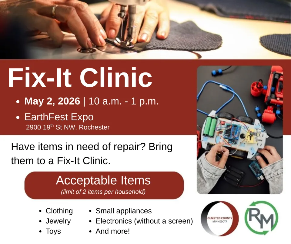 Promotional Banner for Fix-It Clinic on May 2, 2026 at St. Mary’s University – Rochester Campus Cascade Meadow | 2900 19th Street, NW Rochester, MN