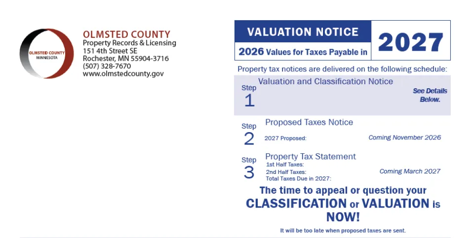 Image of a valuation notice from Olmsted County Property Records & Licensing, with contact details. It outlines the 2026 property tax values payable in 2027 and mentions steps for proposed taxes notice and property tax statement, with deadlines for appeal or classification adjustment.