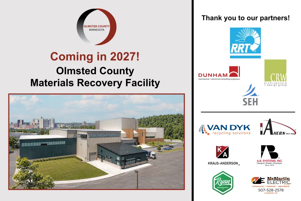 Rendering of Olmsted County materials recovery facility with county logo and words "Coming in 2027." Also noted are the various construction vendors working on this project. 