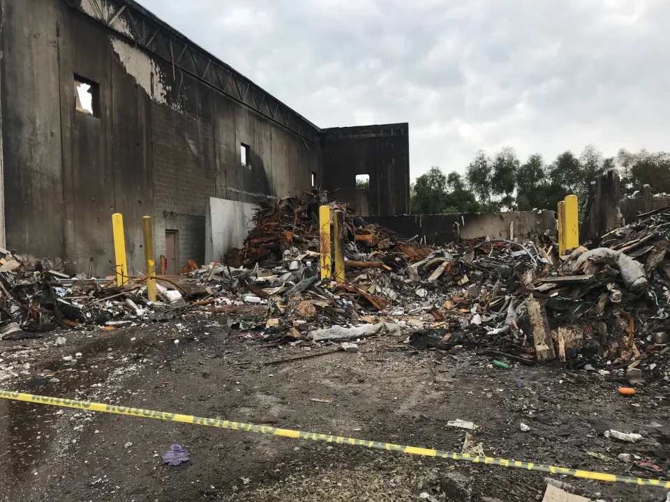 Dem Con’s transfer station in Blaine, MN was a total loss after a cell phone battery ignited a pile of municipal solid waste (garbage).