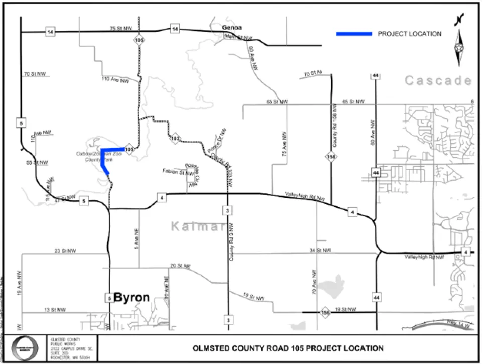 Project location map for the County Road 105 reconstruction project near Oxbow Park