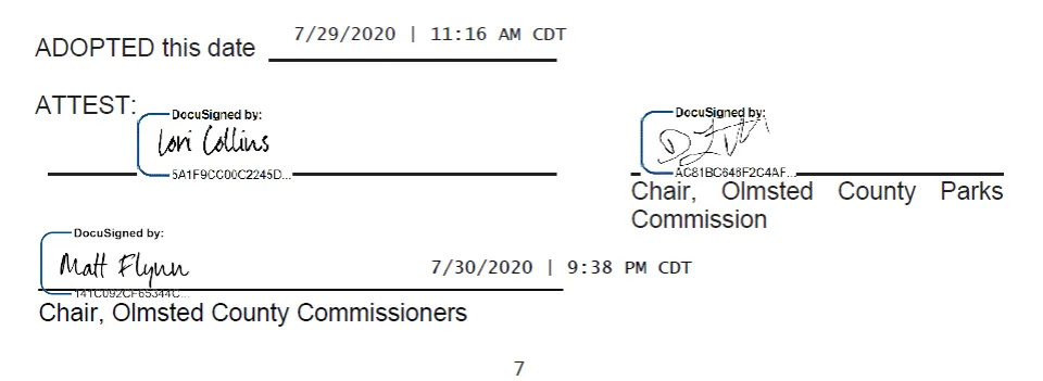 signatures captured for the parks commission bylaws adopted on 7-29-2020 at 11:16 AM CDT