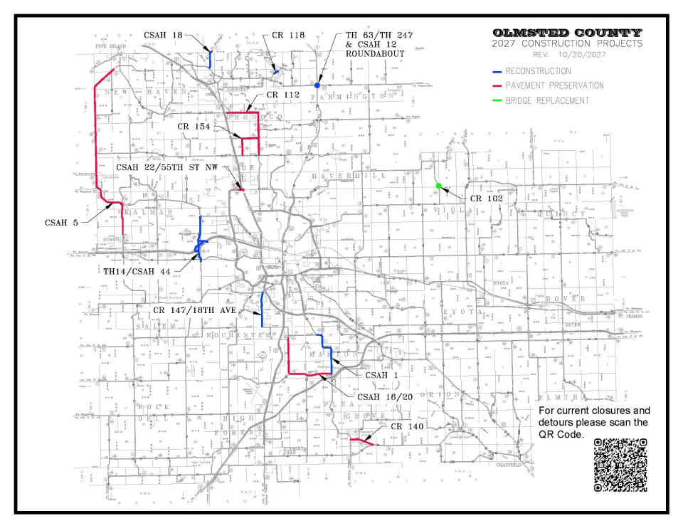 A map that is pointing out the location of planned road construction projects in Olmsted county for 2027. 