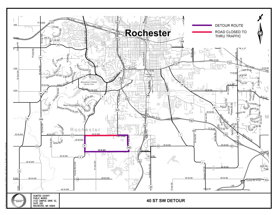 Map showing the official detour for 40th street SW road closure