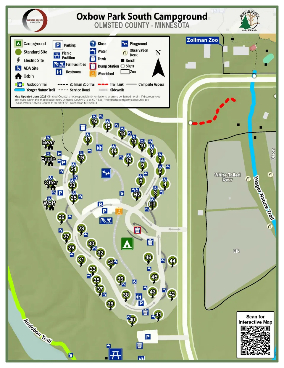 Map of the Oxbow Park campground with sites marked