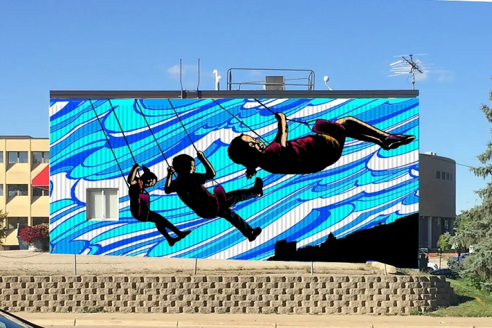 Planned mural with three children swinging