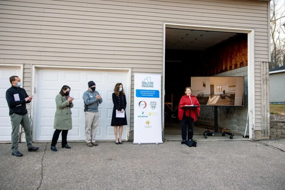 Commissioner Sheila Kiscaden speaking during Coalition for Rochester Area Housing event on December 2, 2021