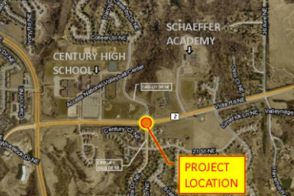 Aerial map illustrating the project area for the Viola Road NE and Cassidy Drive NE intersection improvement project