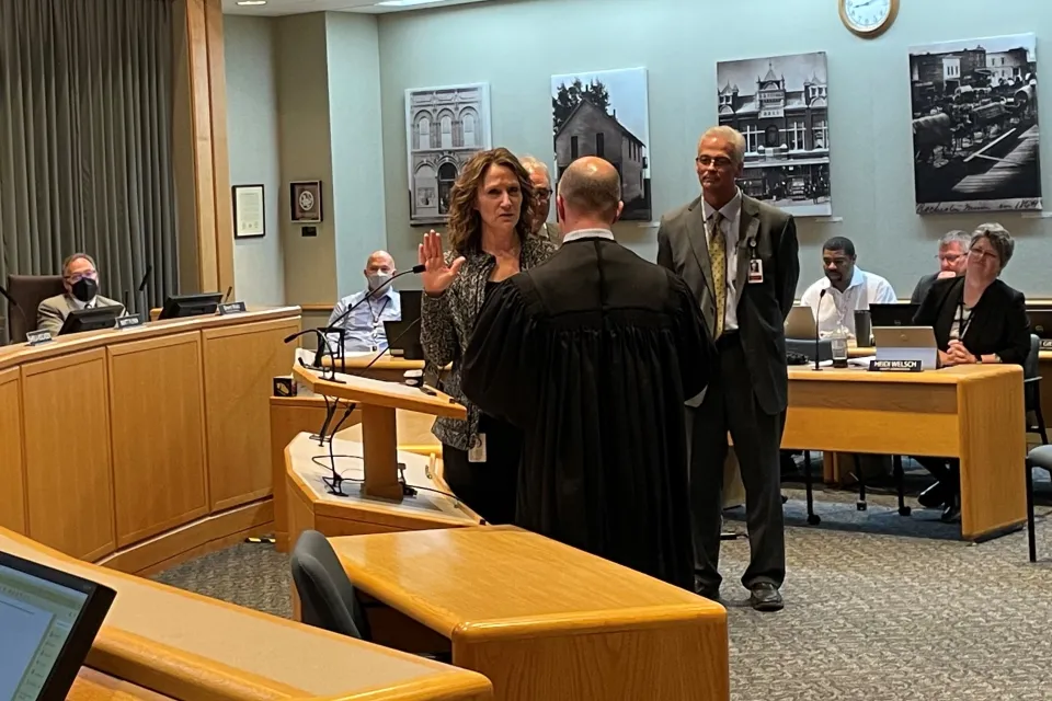 Julie Hackman being sworn in as the new Olmsted County Assessor