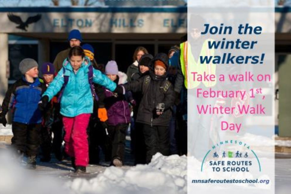 Join the winter walkers! Take a walk on February 1, winter walk day. Safe routes to school