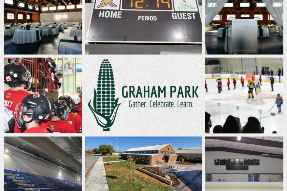 A collage of photos from Graham Park. Hockey players, score boards, bleachers, outdoor event space, wedding reception venue.