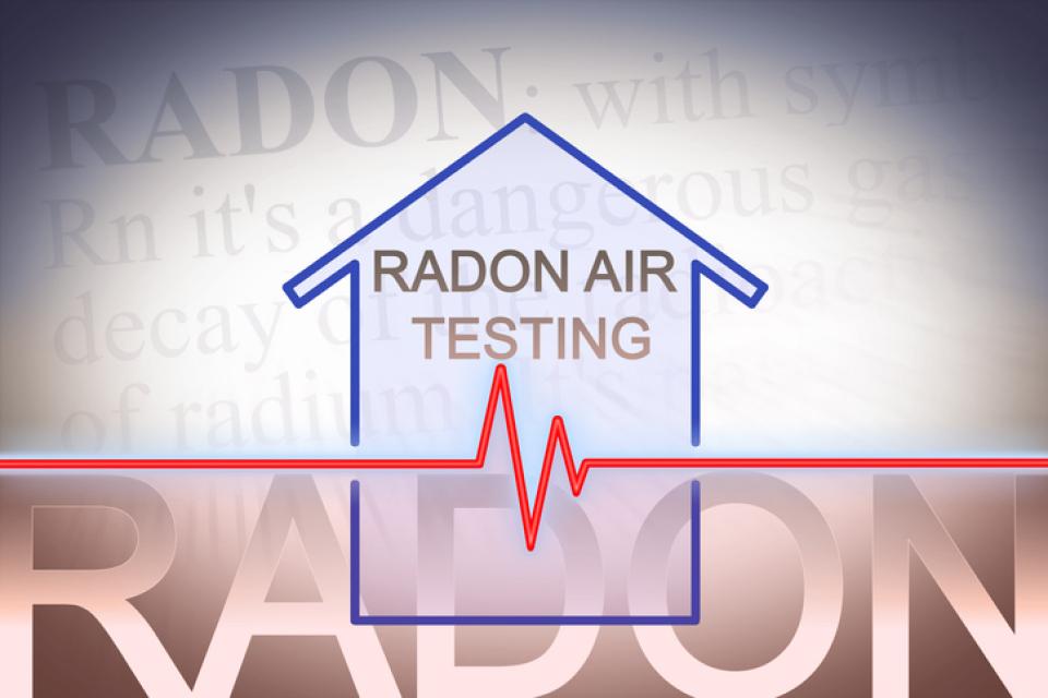 Text saying Radon air testing in a house graphic