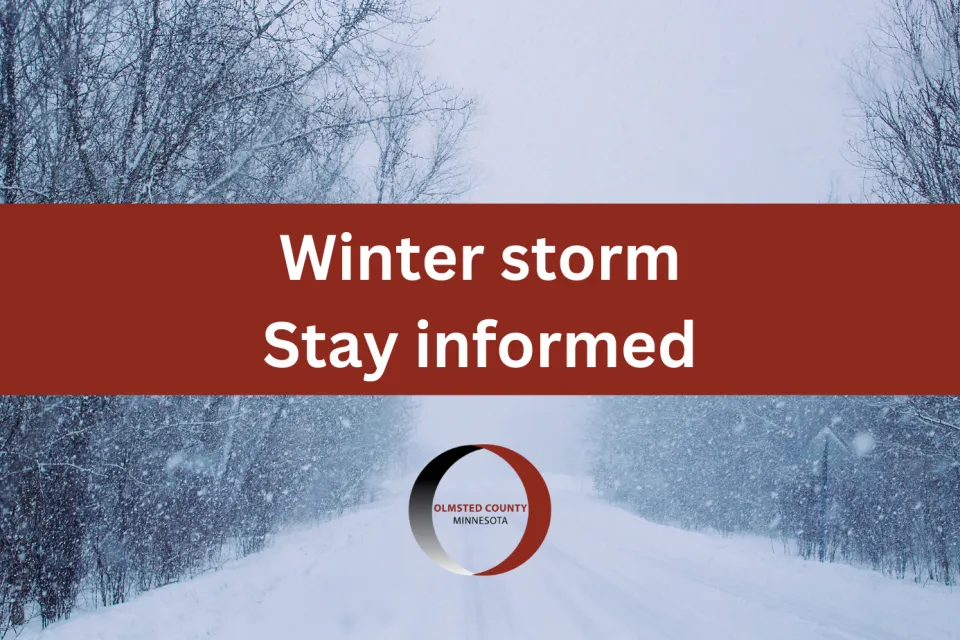Winter storm-stay informed. An image of trees and snow.