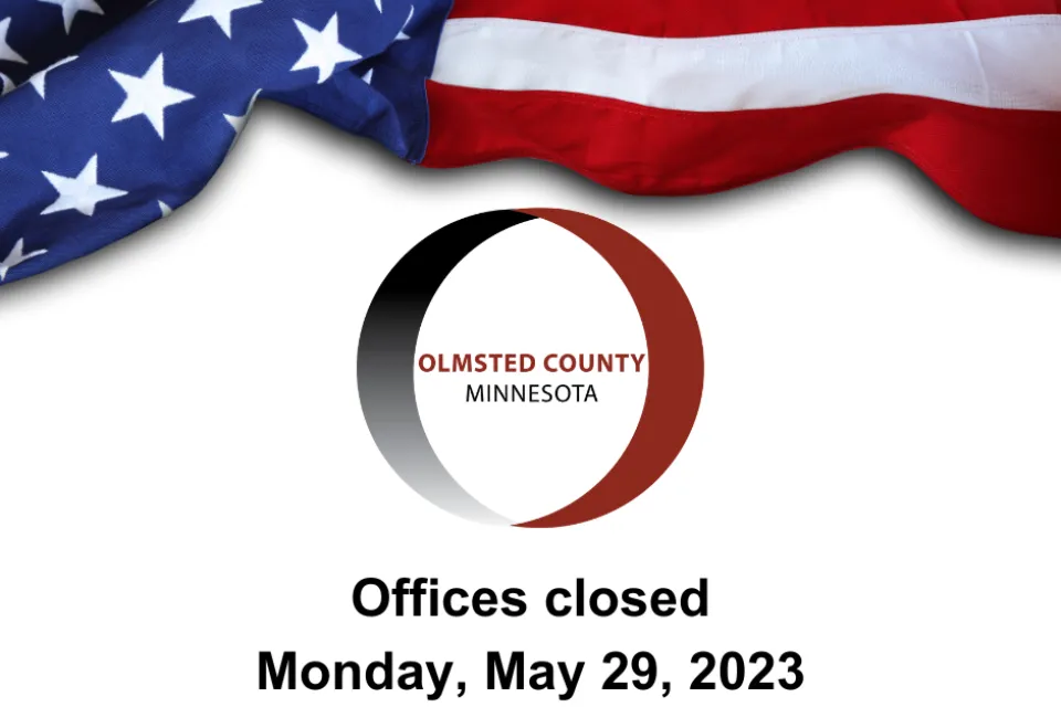An American flag. Olmsted County offices closed May 29, 2023.